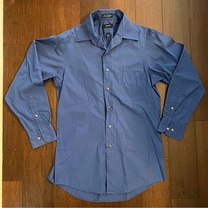 Blue button-down collared shirt with front pocket